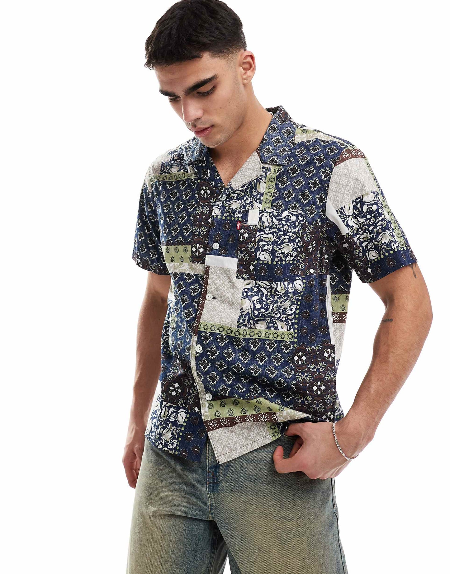Standard Camp Short Sleeve Revere Collar Patchwork Print Shirt