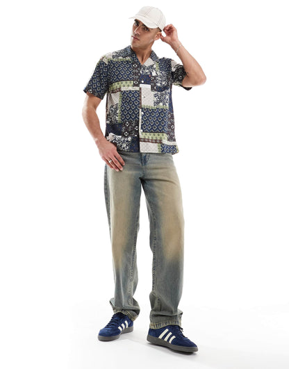 Standard Camp Short Sleeve Revere Collar Patchwork Print Shirt