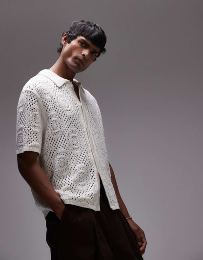 Short Sleeve Button Through Pointelle Crochet Knit Camp Shirt
