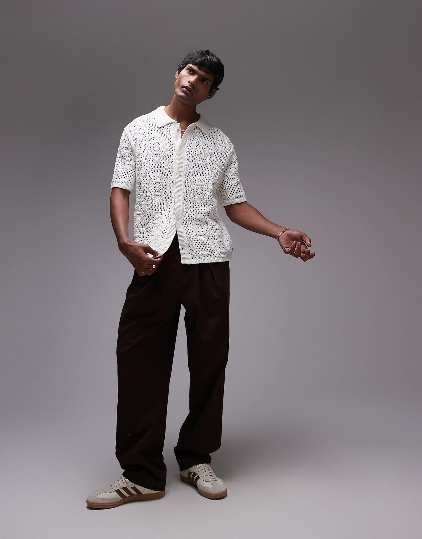 Short Sleeve Button Through Pointelle Crochet Knit Camp Shirt