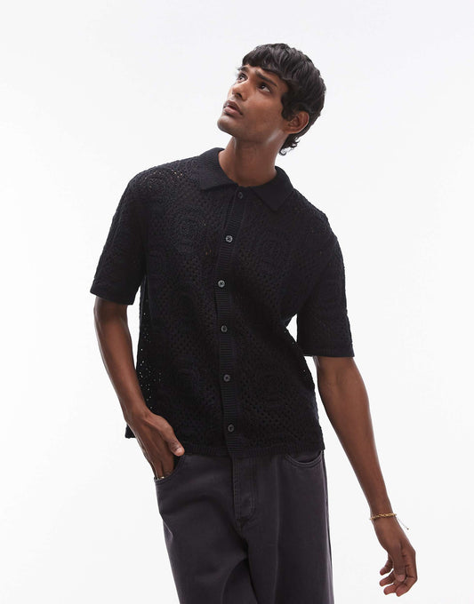 Short Sleeve Button Through Pointelle Crochet Knit Camp Shirt