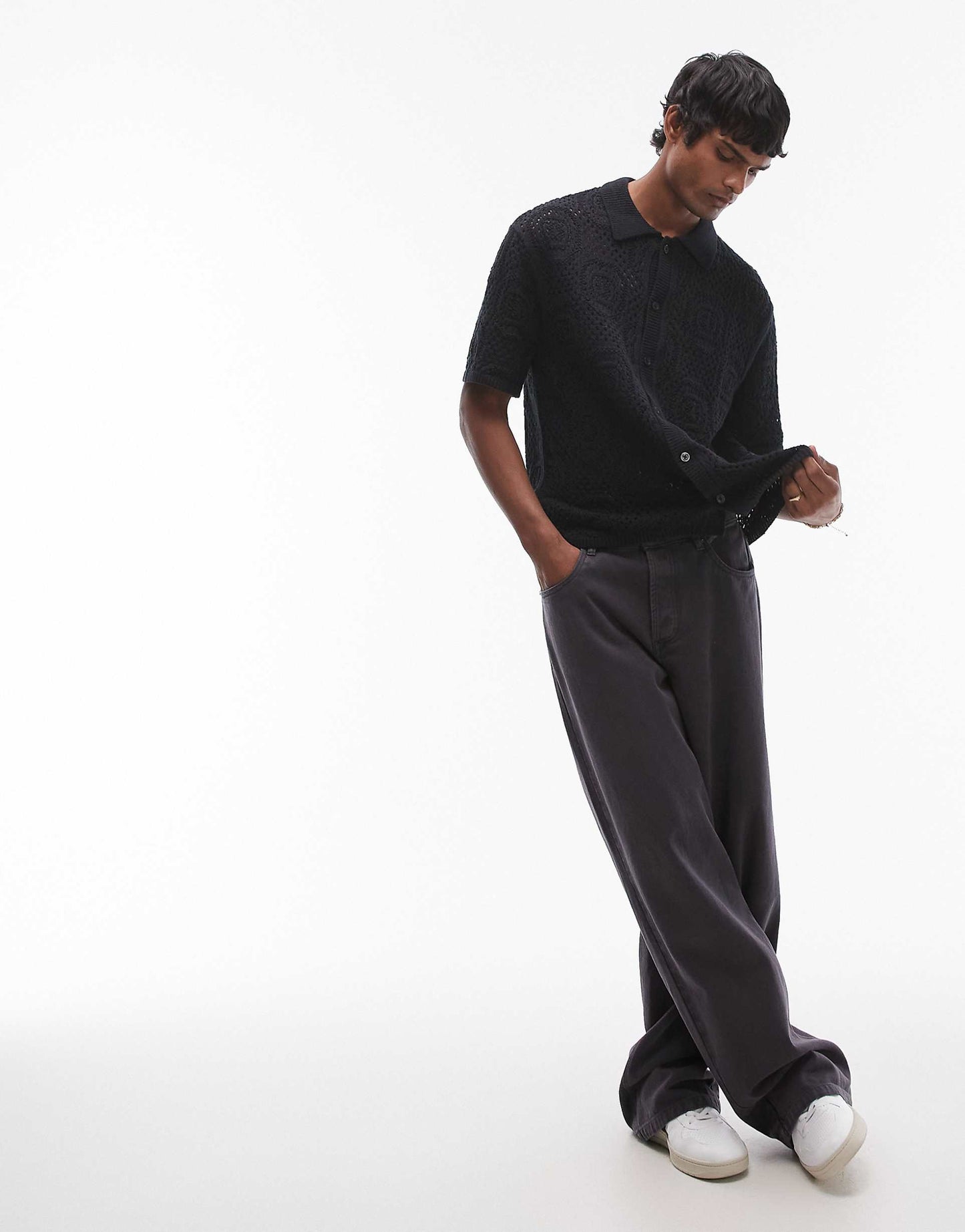 Short Sleeve Button Through Pointelle Crochet Knit Camp Shirt