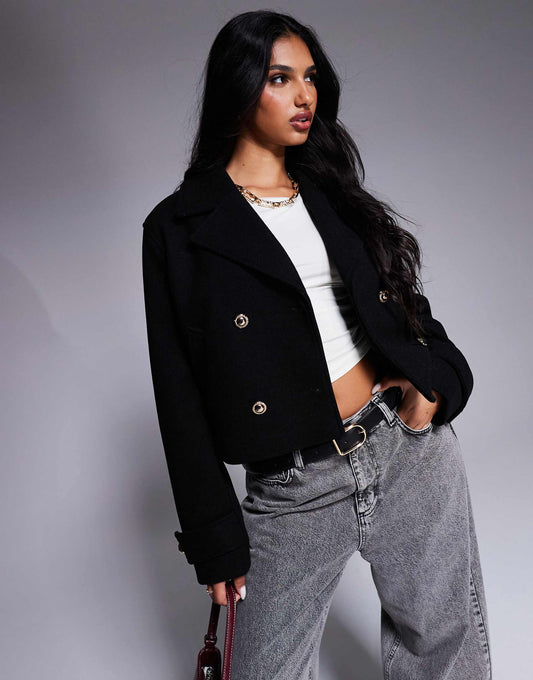 Short Double Breasted Wool Look Jacket
