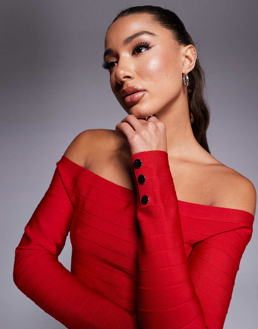 Ribbed Bardot Top With Dark Red