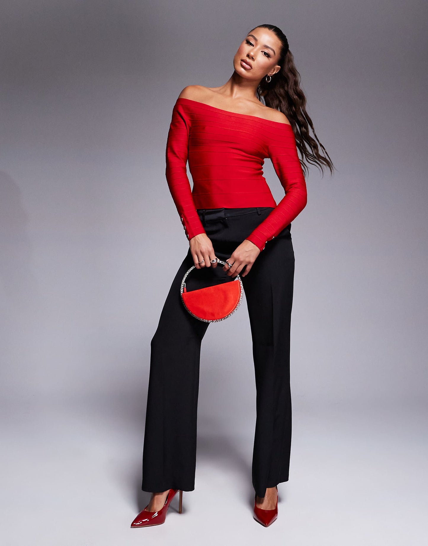 Ribbed Bardot Top With Dark Red