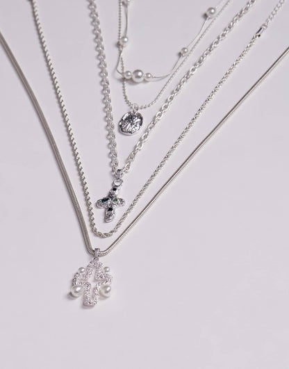 5 Pack Necklace Set With Molten Cross And Faux Pearl