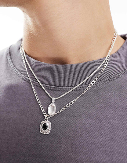 2 Pack Necklace Set With Molten Pendants With Black Stone