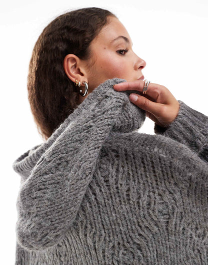 Pointelle Fluffy Knit Hooded Jumper