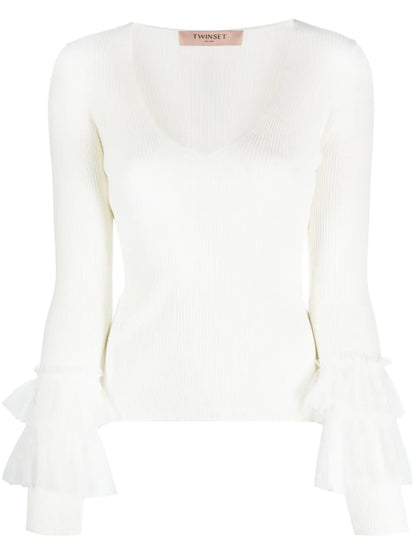 Tulle-Inserts Ribbed-Knit Top