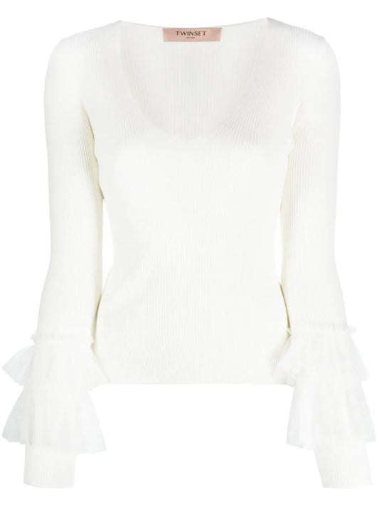 Tulle-Inserts Ribbed-Knit Top