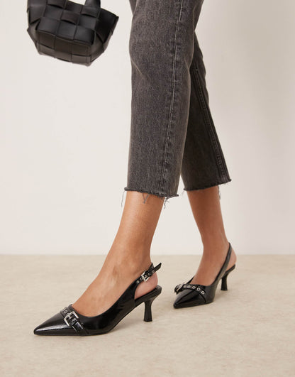 Wide Fit Buckle Detail Slingback Heeled Shoe