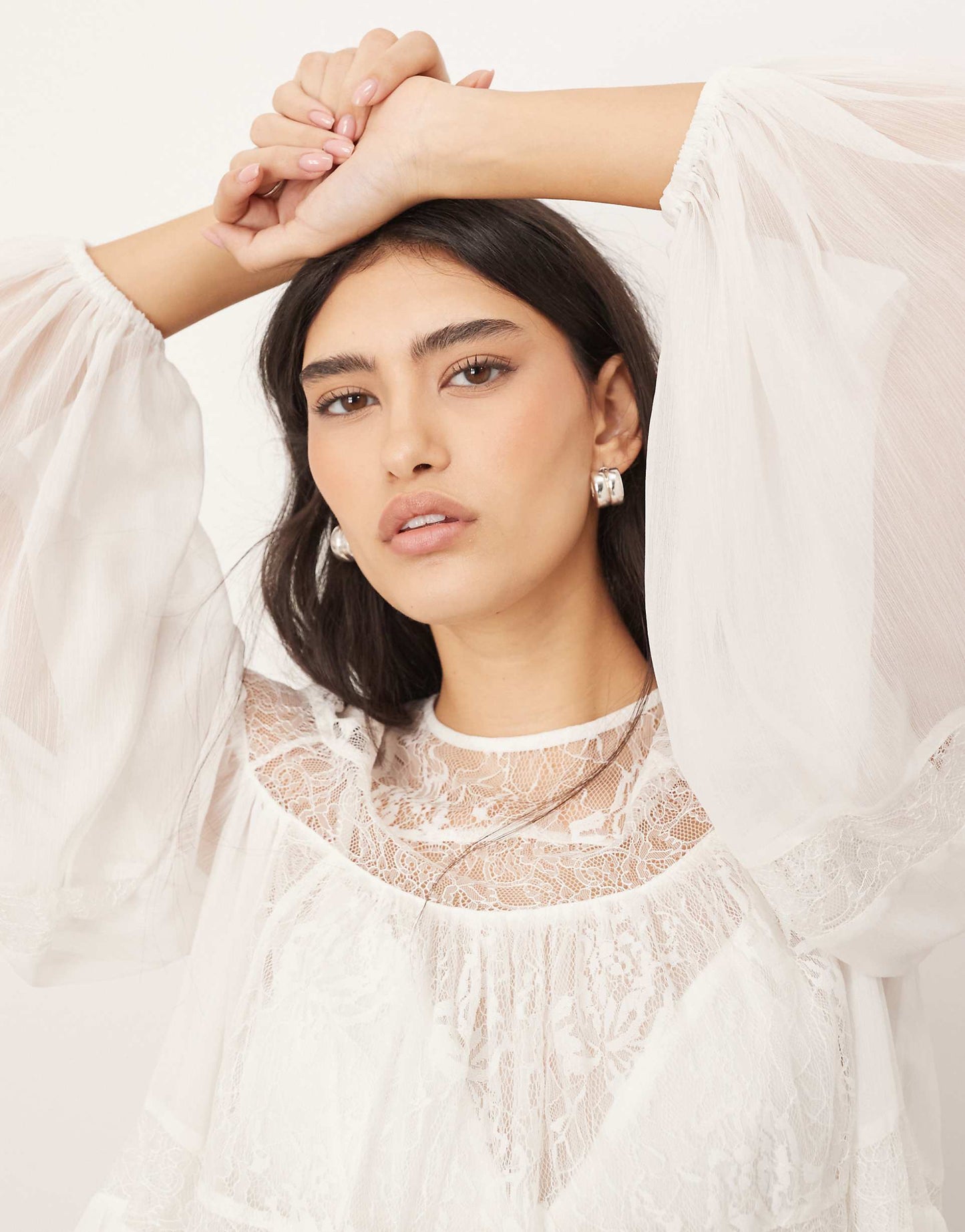 Lace Detail Blouson Sleeve Top With Drawstring Detail