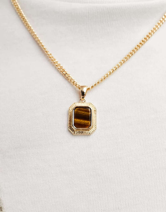 Necklace With Square Semi-Precious Tigers Eye Stone Pendant