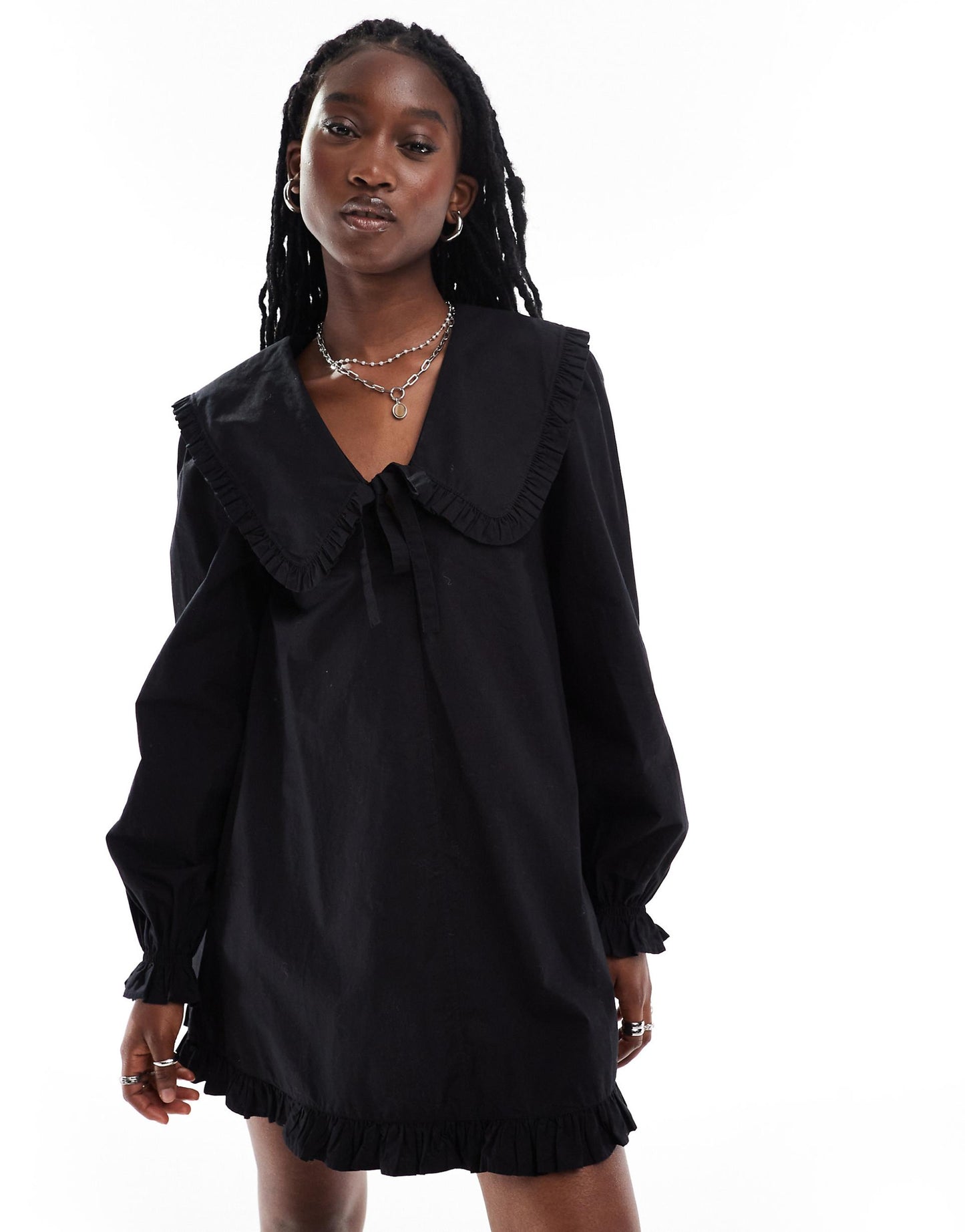 Mini Dress With Tie Collar And Frill Hem