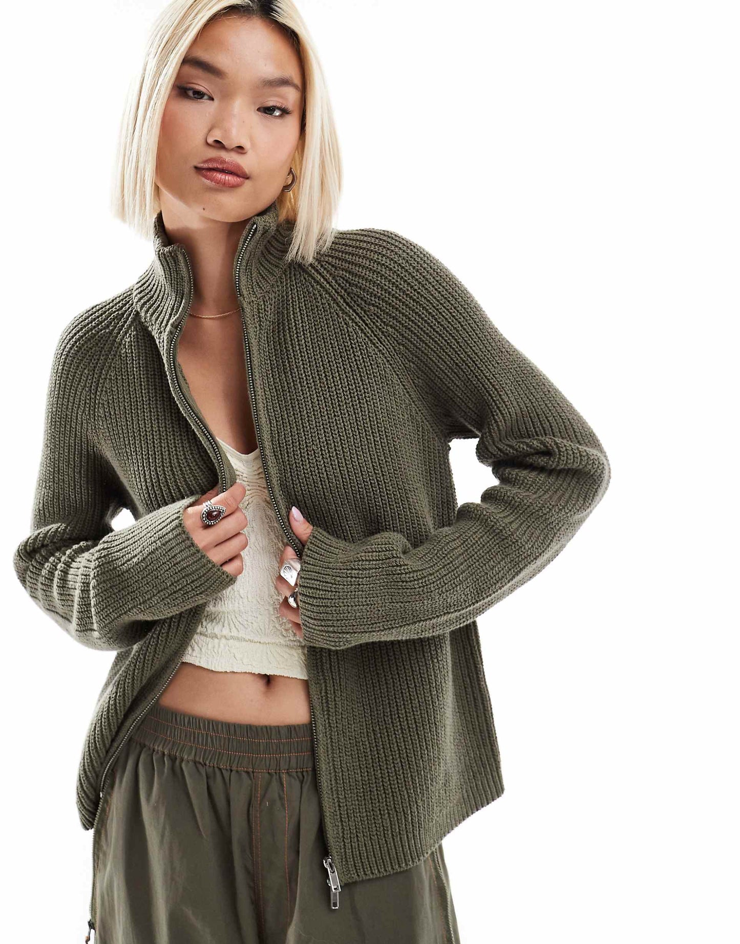 Ribbed Knitted Two Way Zip Cardigan