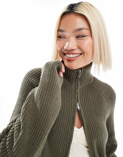 Ribbed Knitted Two Way Zip Cardigan