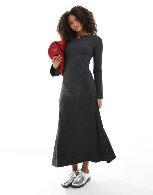 Ribbed Boat Neck Flared Sleeve Maxi Dress