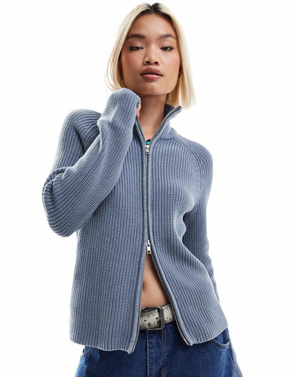 Ribbed Knitted Two Way Zip Cardigan