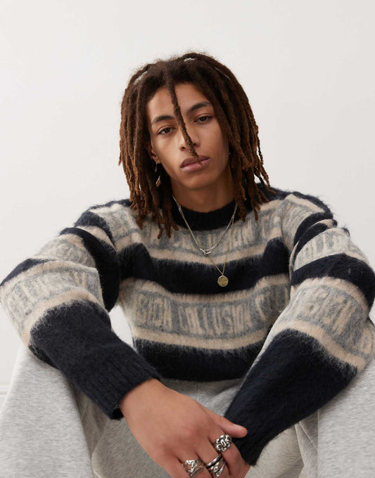 Oversized Fluffy Logo Stripe Knitted Jumper
