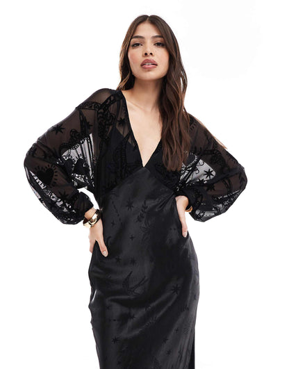 Sheer Sleeve Contrast Satin Maxi Dress