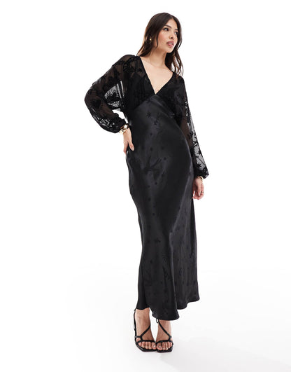 Sheer Sleeve Contrast Satin Maxi Dress