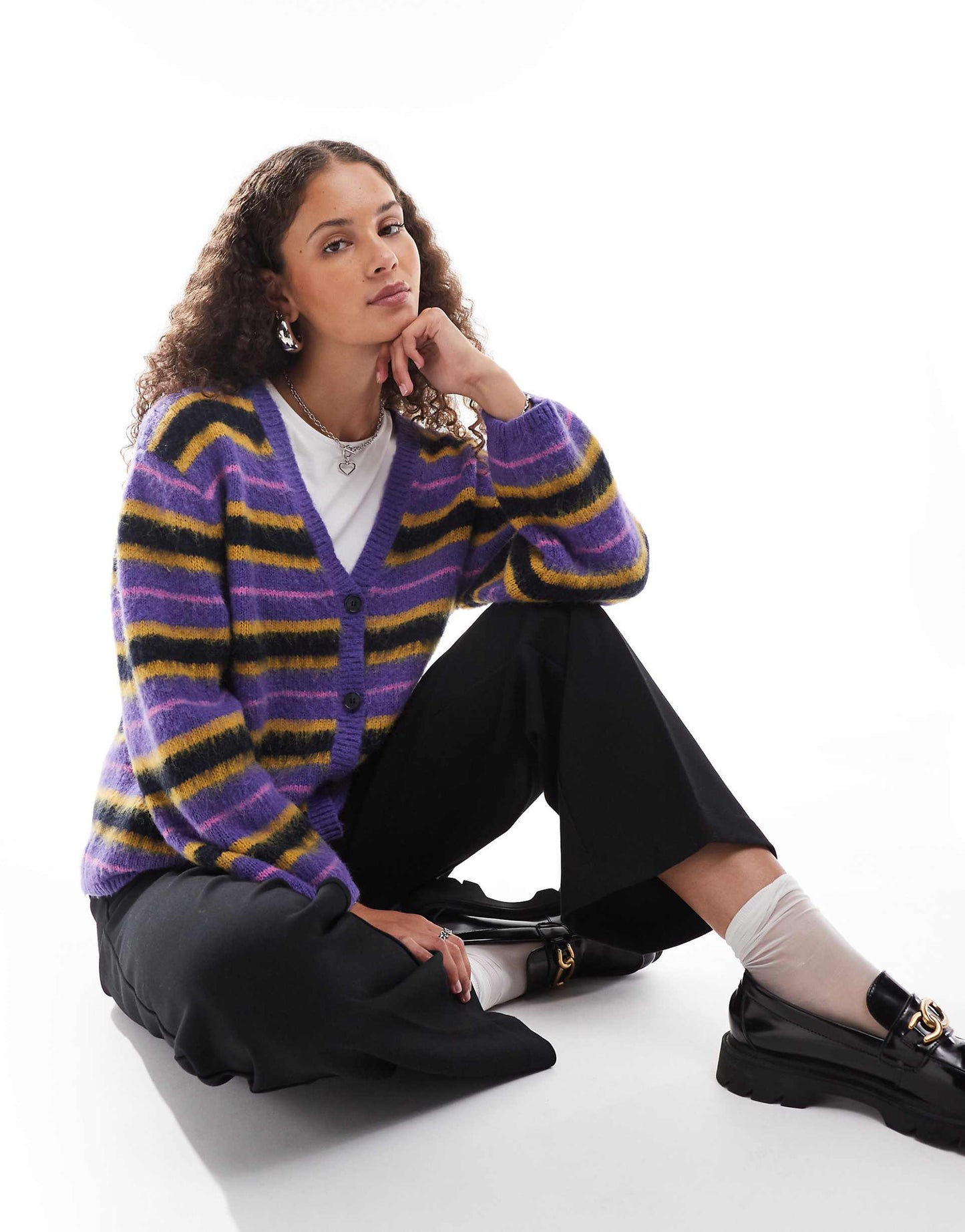Fluffy Yarn Knitted Cardigan With V Neck