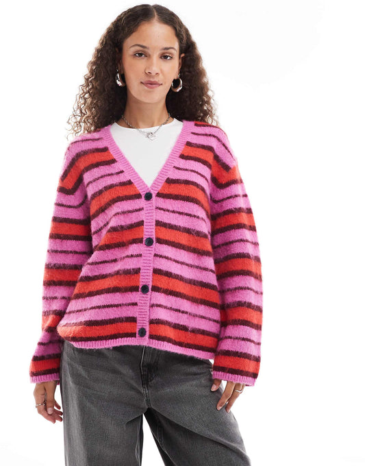 Fluffy Yarn Knitted Cardigan With V Neck