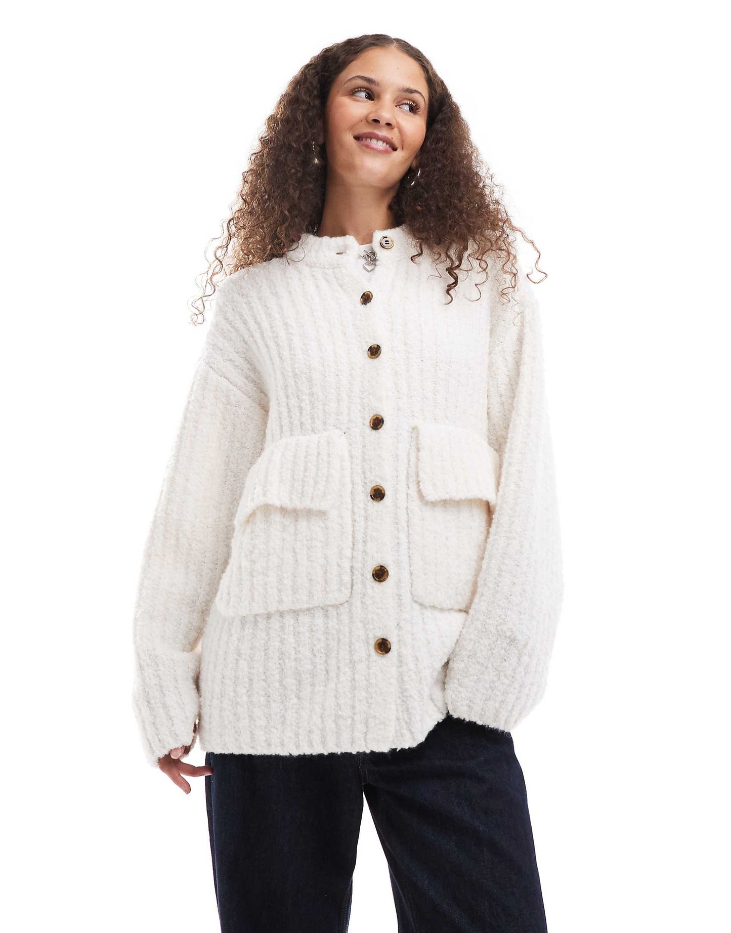 Chunky Knit Rib High Neck Cardigan With Button Front And Front Flap Pockets