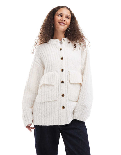 Chunky Knit Rib High Neck Cardigan With Button Front And Front Flap Pockets