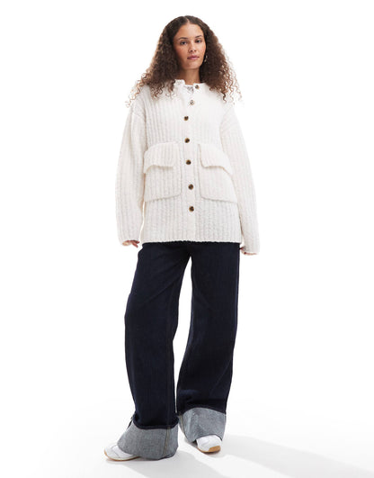 Chunky Knit Rib High Neck Cardigan With Button Front And Front Flap Pockets