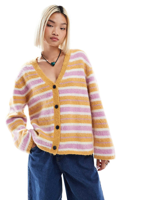 Fluffy Yarn Knitted Cardigan With V Neck