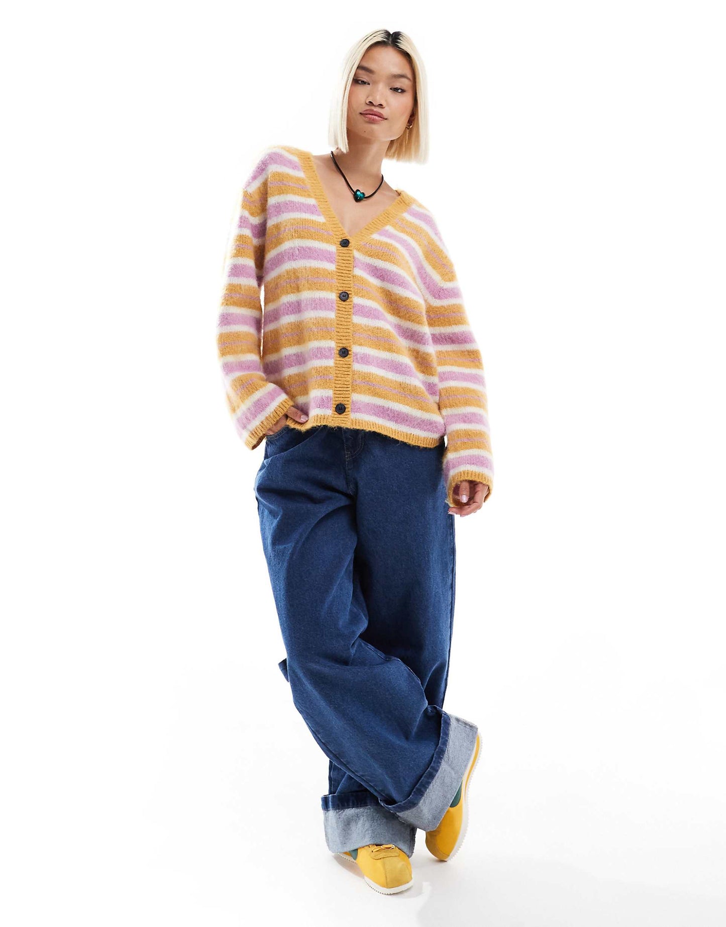 Fluffy Yarn Knitted Cardigan With V Neck