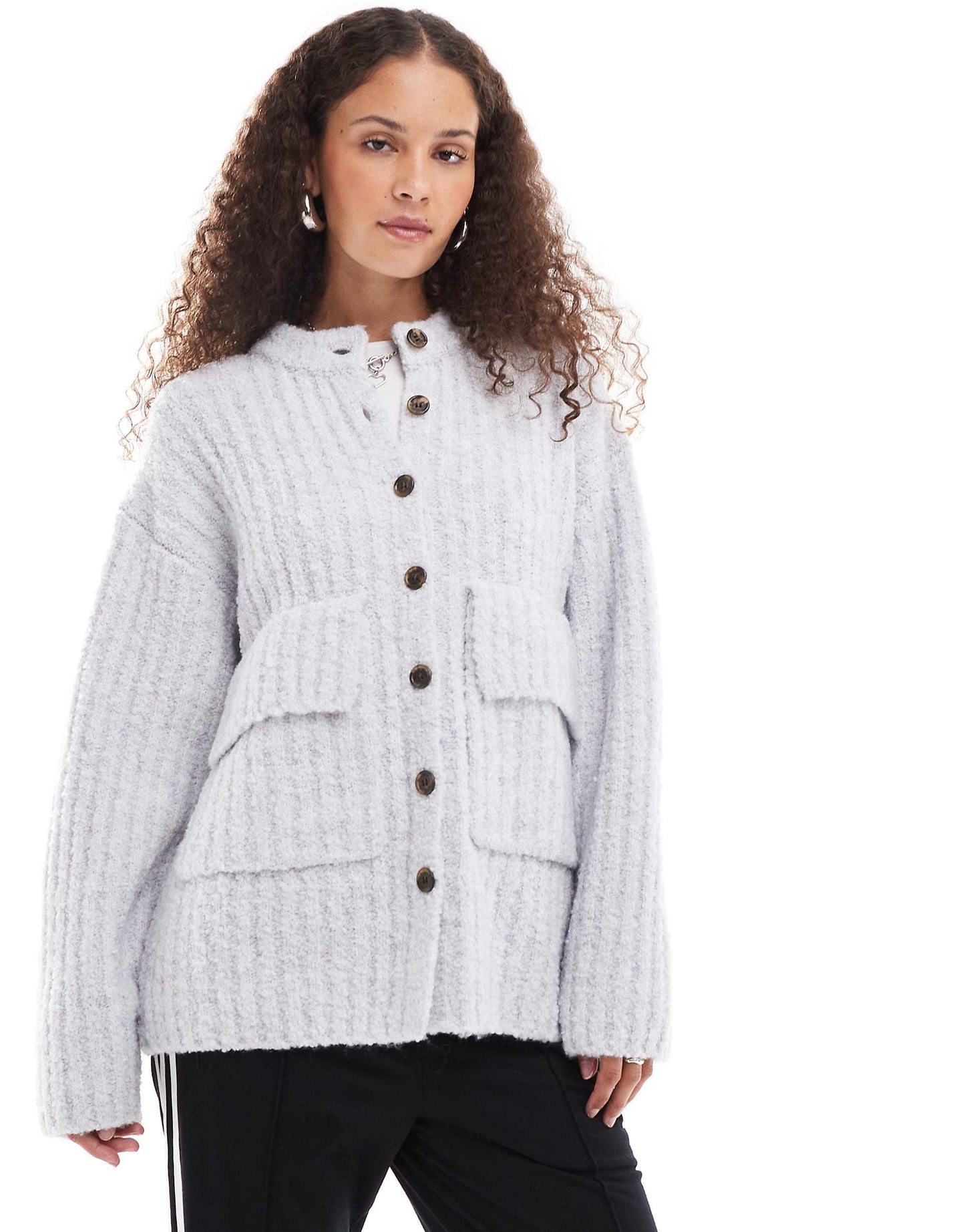 Chunky Knit Rib High Neck Cardigan With Button Front And Front Flap Pockets