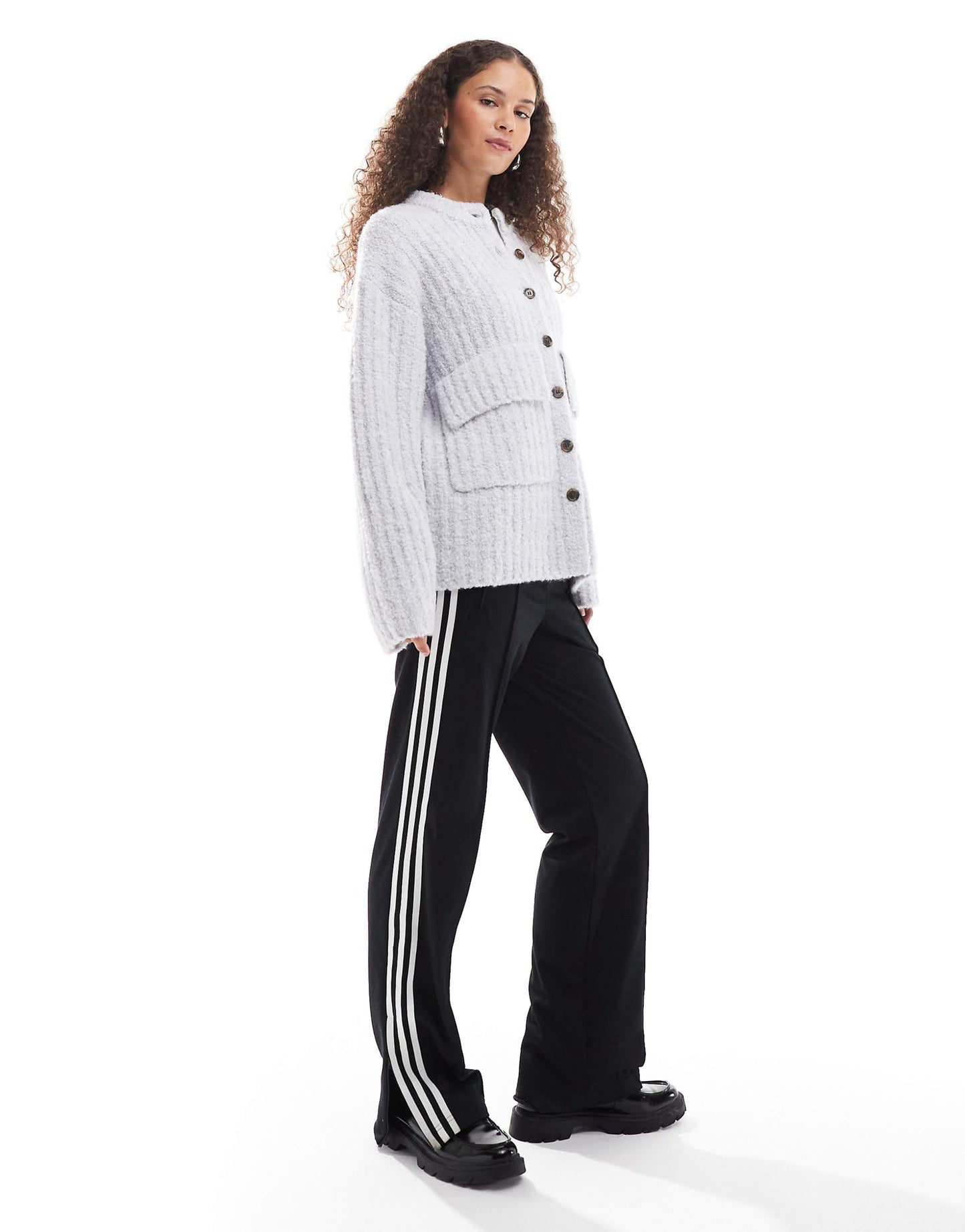 Chunky Knit Rib High Neck Cardigan With Button Front And Front Flap Pockets