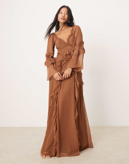 Petite Ruffle V Neck Long Sleeve Maxi Dress