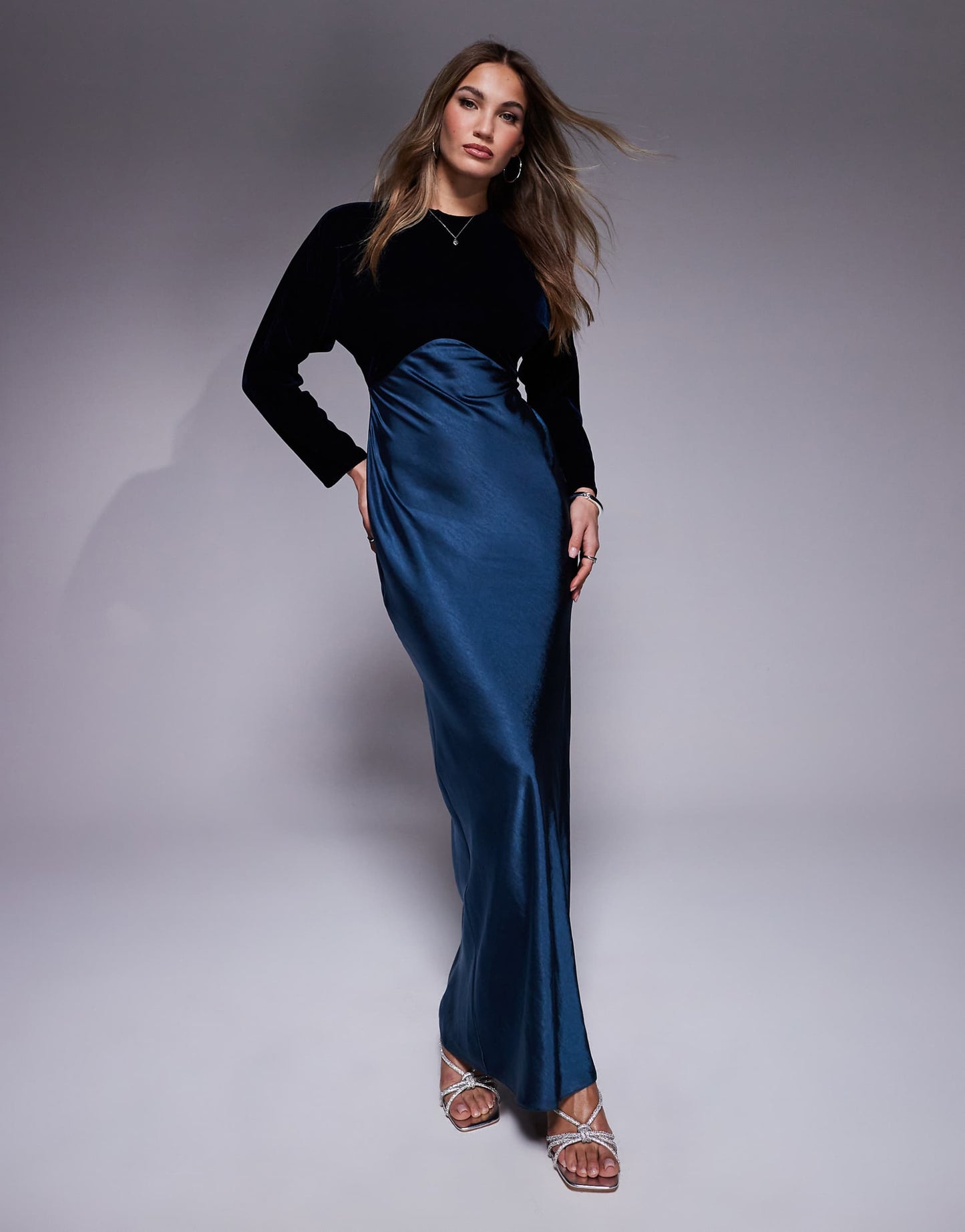 Velvet Satin Mix Long Sleeve Maxi Dress