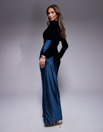 Velvet Satin Mix Long Sleeve Maxi Dress