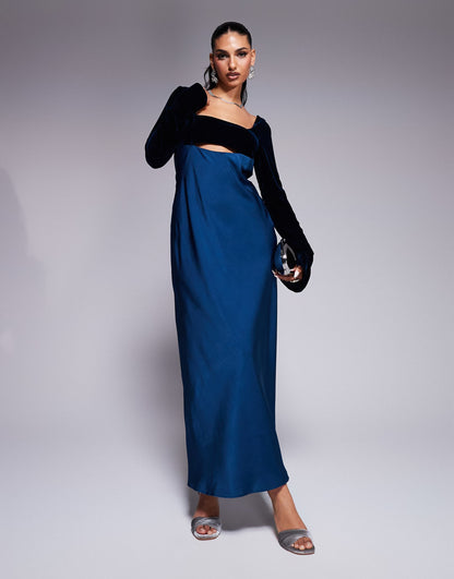 Square Neck Velvet Satin Mix Midaxi Dress With Cut Out