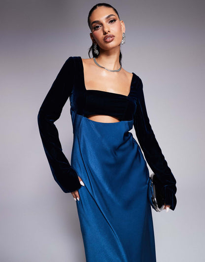 Square Neck Velvet Satin Mix Midaxi Dress With Cut Out