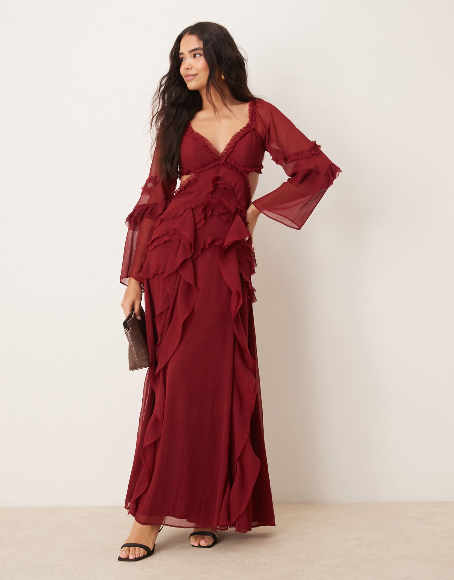 Ruffle V Neck Long Sleeve Maxi Dress