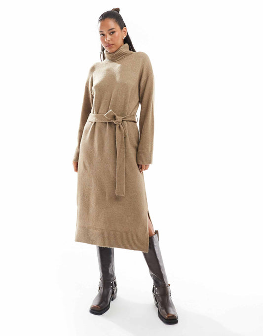 Roll Neck Knitted Maxi Dress With Tie Waist