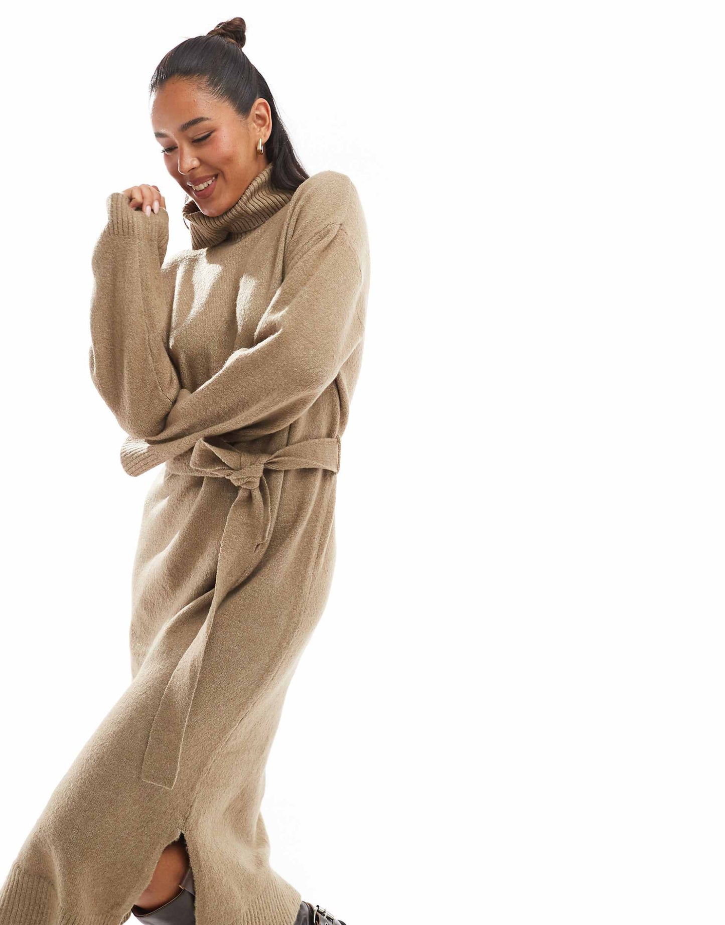 Roll Neck Knitted Maxi Dress With Tie Waist
