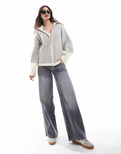 Jacquard Zip Through Cardigan With Wide Sleeves