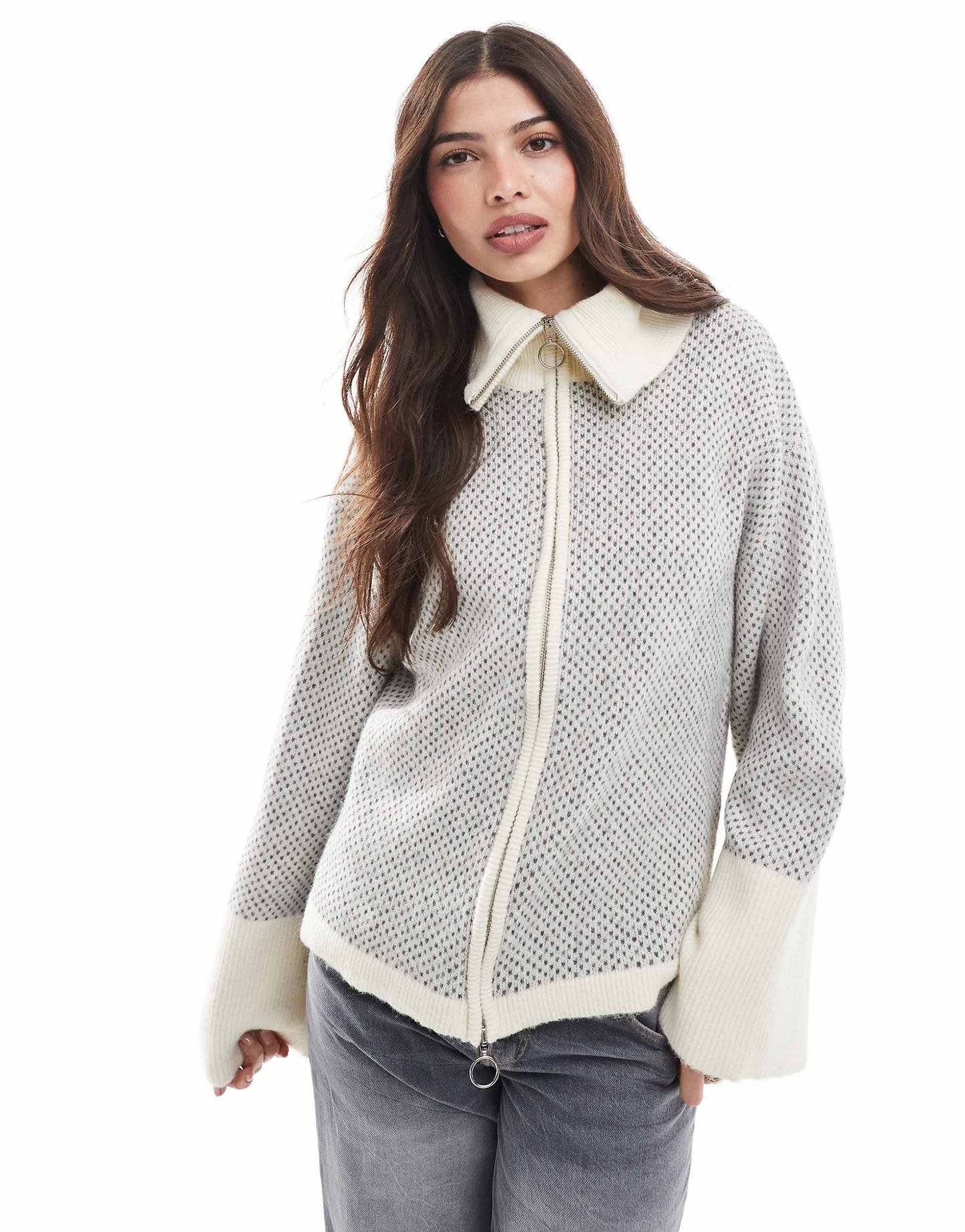 Jacquard Zip Through Cardigan With Wide Sleeves
