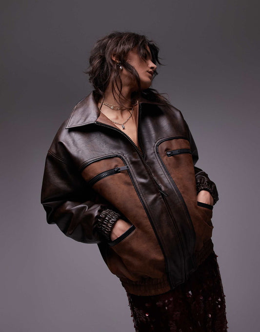 Contrast Seam Detail Faux Leather Jacket