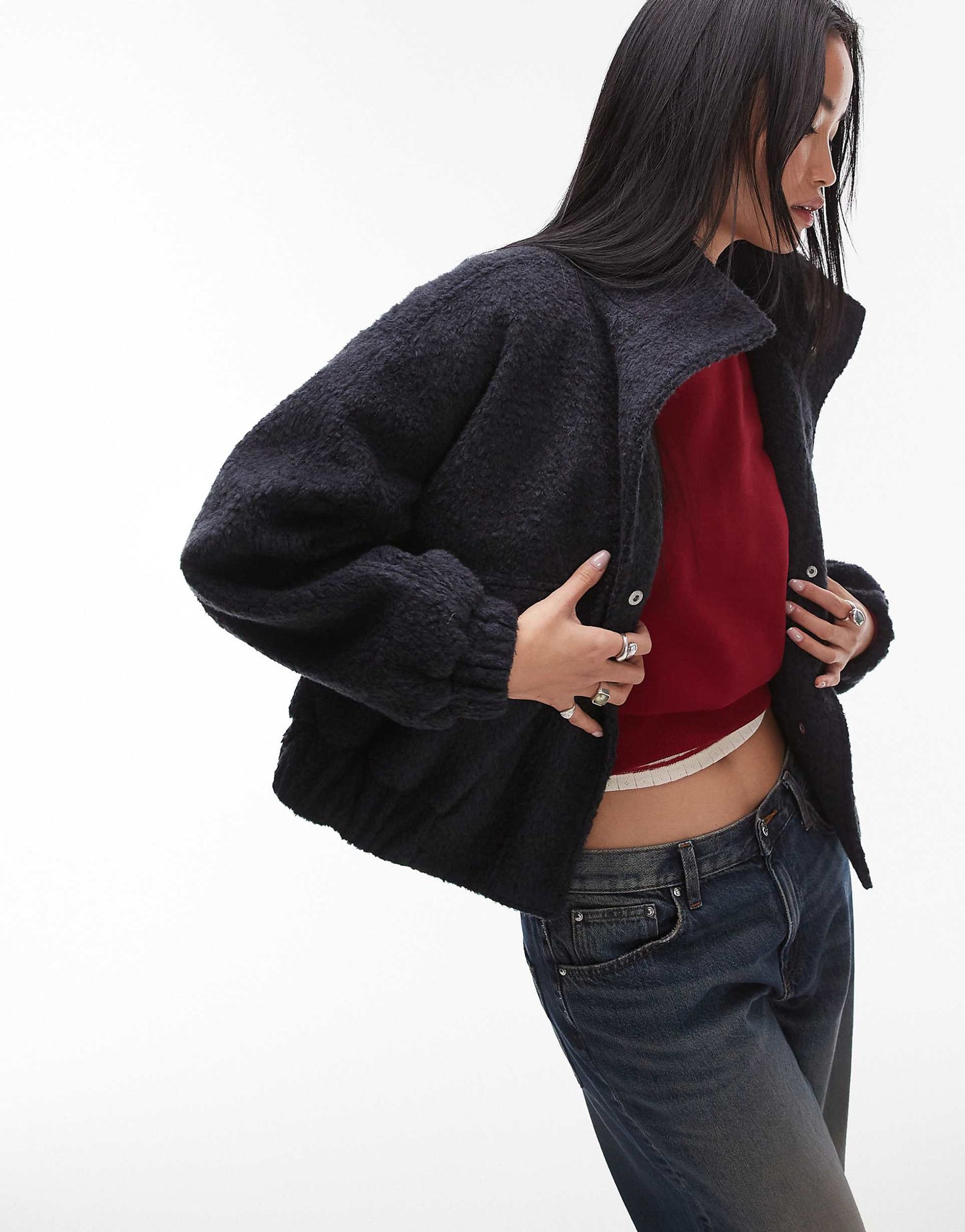 Formal Funnel Neck Boucle Bomber Style Coat