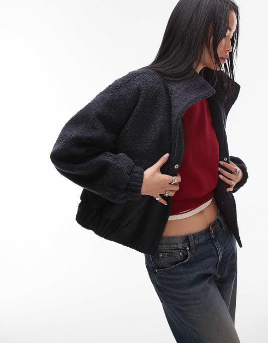 Formal Funnel Neck Boucle Bomber Style Coat