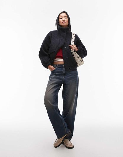 Formal Funnel Neck Boucle Bomber Style Coat