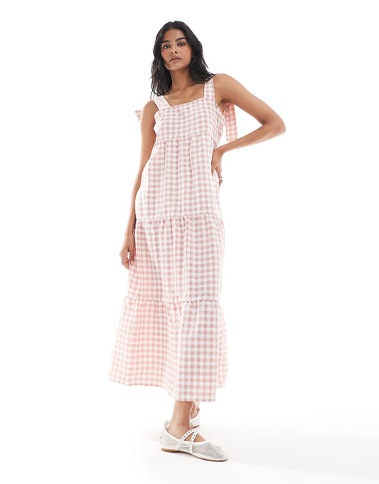 Tiered Gingham Maxi Dress With Tie Shoulders