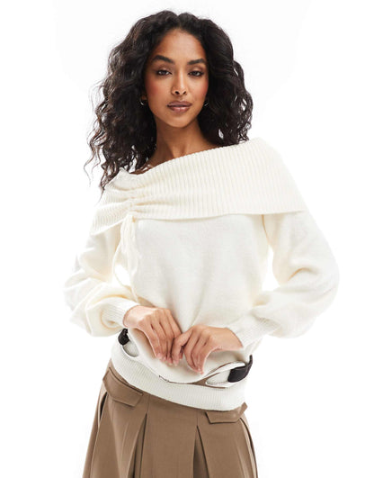 Knitted Bardot Ruched Detail Jumper